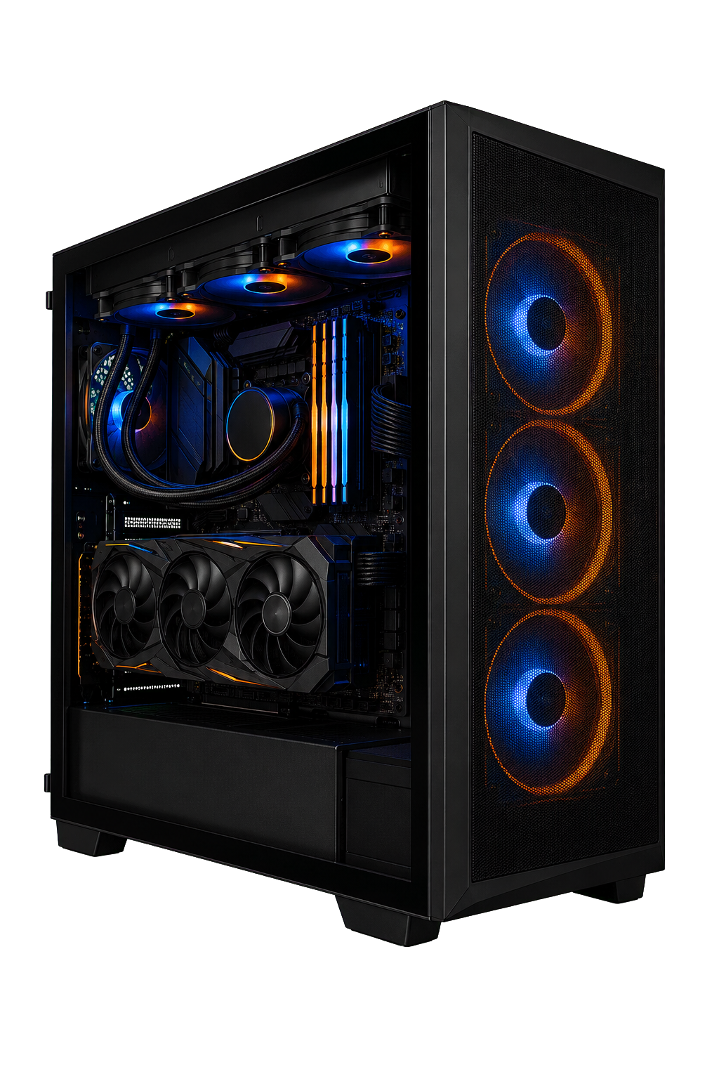 Gabinete gamer profissional com componentes internos visíveis